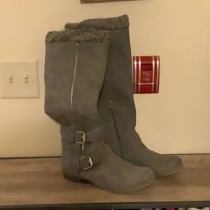 Grey knee high boots